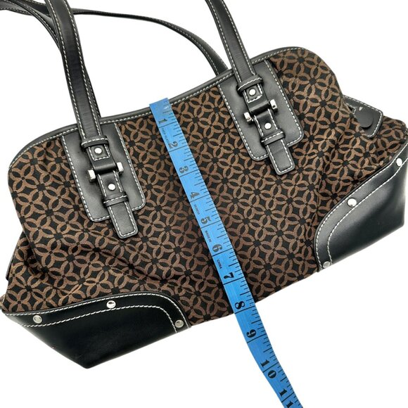 Relic Brown Geometric Pattern Handbag Black Faux Leather Trim Double Handles - Picture 10 of 12